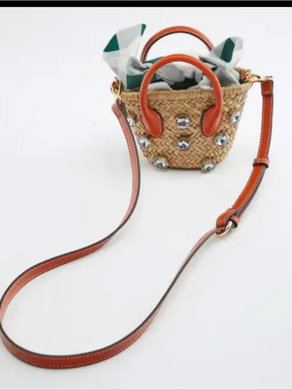 Zara Straw Mini Crossbody with Orange Handles & Green Scarf - Picture 2 of 3